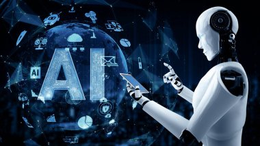 MLB 3d illüstrasyon robot hominoidi, 4. endüstriyel devrim için yapay zeka ve makine öğrenme süreci kavramında cep telefonu veya tablet kullanır. Üç Boyut