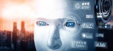 MLB 3D illüstrasyon robotu insansı yüzü, 4. endüstriyel endüstriyel için yapay zeka ve makine öğrenme süreci tarafından yapay zeka ve yapay zeka tarafından büyük veri analizinin grafiksel konseptiyle yakınlaştırılmıştır.