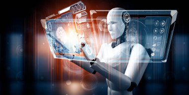 MLB 3D illüstrasyon Robotu 4. endüstriyel devrim için yapay zeka ve makine öğrenme süreci kavramında cep telefonu veya tablet kullanır. Üç Boyut