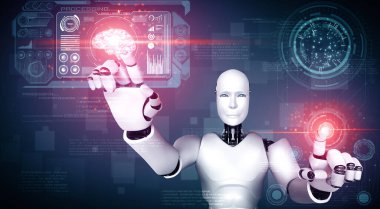 MLB 3d illüstrasyon yapay zeka kullanarak makine öğrenme sürecinde büyük veri analitiği kavramını gösteren sanal sanal sanal ekrana dokunan yapay insansı robot yapay zekası. 3B illüstrasyon.