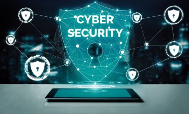 Siber Güvenlik ve Dijital Veri Koruma Konsepti. Simge arayüzü çevrimiçi veri erişim savunması için güvenli güvenlik duvarı teknolojisi gösteriyor. Hackerlara, virüse ve güvensiz bilgilere karşı. uds