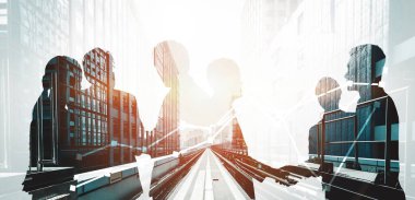 İş ortaklığı anlaşmasının başarısını gösteren birçok iş adamı konferans grubu toplantısının arka plandaki görüntüsü. Takım çalışması, güven ve anlaşma kavramı. uds