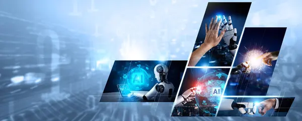 stock image Human interact with AI artificial intelligence virtual assistant robot. Concept of AI artificial intelligence prompt engineering, LLM AI learning to use generative AI for increasing productivity. NLP