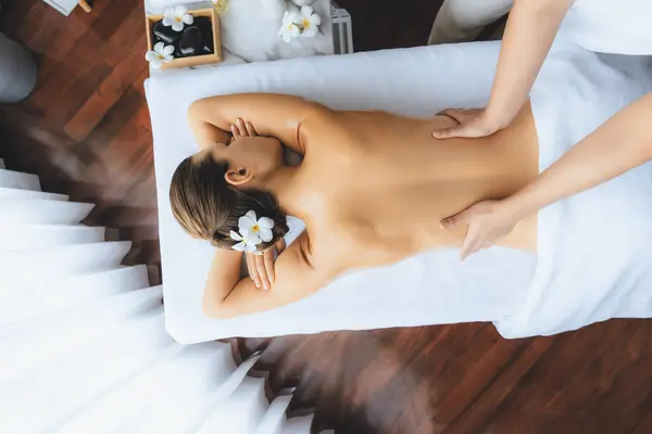 Panorama Top View Woman Customer Enjoying Relaxing Stress Spa Massage — Stock Photo, Image