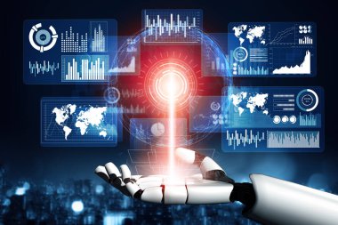 MLB 3D Rending futuristik robot teknolojisi geliştirme, yapay zeka yapay zeka ve makine öğrenme konsepti. İnsan hayatının geleceği için küresel robot biyonik bilim araştırması.