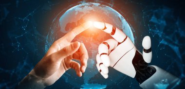 MLB 3D Rending futuristik robot teknolojisi geliştirme, yapay zeka yapay zeka ve makine öğrenme konsepti. İnsan hayatının geleceği için küresel robot biyonik bilim araştırması.