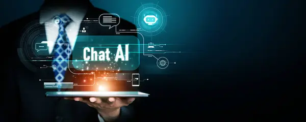 stock image Human interact with AI artificial intelligence virtual assistant chatbot in concept of AI artificial intelligence prompt engineering, LLM AI deep learning to use generative AI for work support. NLP