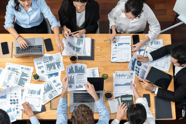 Panorama Top View Diverse Group Business Analyst Team Analyzing Financial — Stock Photo, Image