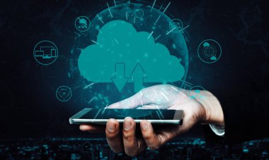 İş ağı konsepti için bulut bilgisayar teknolojisi ve çevrimiçi veri depolama. Bilgisayar, bulut veri transferi için internet sunucusuna 3 boyutlu fütüristik grafik arayüzü ile bağlanır. uds