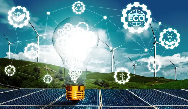 Zelená Energetická Inovace Žárovka Budoucím Průmyslem Grafického Rozhraní Ikon Výroby — Stock fotografie