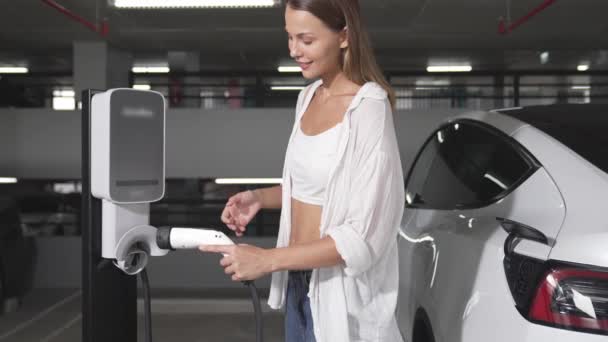 자동차와 가능성 라이프 스타일에 주차장 자동차 내장에 충전기 플러그를 — 비디오