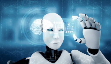 MLB 3d illüstrasyon robot insansı robotlar, 4. Sanayi Devrimi için yapay zeka, yapay zeka ve makine öğrenme kavramında HUD hologram ekranı bulundururlar. Üç Boyut