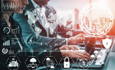 Siber Güvenlik ve Dijital Veri Koruma Konsepti. Simge arayüzü çevrimiçi veri erişim savunması için güvenli güvenlik duvarı teknolojisi gösteriyor. Hackerlara, virüse ve güvensiz bilgilere karşı. uds