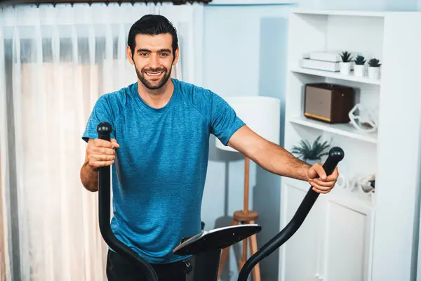 Athletic Sporty Man Running Elliptical Running Machine Home Body Workout — Stock Photo, Image