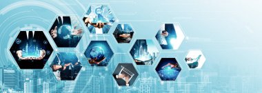 İletişim teknolojisi, akıllı bağlantı IOT ve insan ağ teknolojisi kavramı. Güvenli internet ağına ve bulut hesaplama sunucusuna bağlanmak için bağlantı aygıtı kullanan insanlar vexel