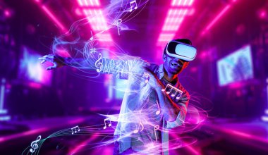 Sanal gerçeklik gözlüğü kullanarak müziğe yönelen beyaz bir adam. Günlük kıyafetleri olan enerjik bir insan dans etmekten hoşlanırken metaevrene ya da müzik notalarıyla çevrili taklit bir dünyaya girmekten zevk alır. Sapma.