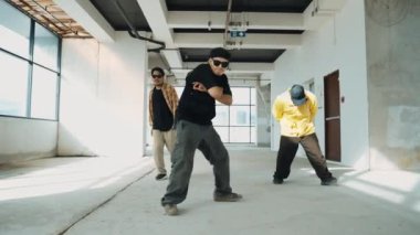 Çok kültürlü dansçılar sokak dansı yapıyor ve hip-hop müziğine geçiyorlar. Profesyonel hipster grubu gökyüzü kavgacı görünümlü bir binada serbest stil müzik eşliğinde dans ediyor. Açık hava sporu 2024 hiphop..