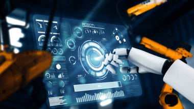 MLP 3d illüstrasyon Sanayi Robotu ve robot silahları fabrika üretiminde kullanılacak. Sanayi devrimi ve otomasyon üretim süreci için yapay zeka kavramı.