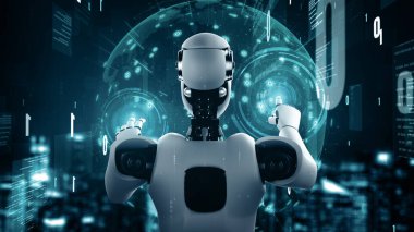 MLP 3d illüstrasyon Futuristik robot yapay zeka insansı yapay zeka programlama kodlama teknolojisi geliştirme ve makine öğrenme kavramı. İnsanlığın geleceği için robot biyonik bilim araştırması