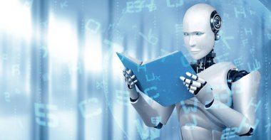 MLP 3D illüstrasyon. Robot insansı okuma kitabının gelecekteki yapay zeka kavramı ve 4. sanayi devrimi..