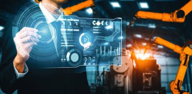 Dijital sanayi ve fabrika robotu teknolojisi için MLP Gelişmiş Robot Kol Sistemi. İnternet ağına bağlı IOT yazılımı kullanarak endüstri mühendisliği tarafından kontrol edilen otomasyon üretim robotu.