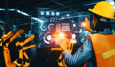 Dijital sanayi ve fabrika robotu teknolojisi için MLP Gelişmiş Robot Kol Sistemi. İnternet ağına bağlı IOT yazılımı kullanarak endüstri mühendisliği tarafından kontrol edilen otomasyon üretim robotu.