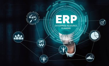 Ticari kaynaklar için Enterprise Resource Management ERP yazılım sistemi modern grafik arayüzünde sunulmuştur. Şirket kaynaklarını yönetmek için geleceğin teknolojisini göstermektedir. uds