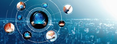 İletişim teknolojisi, akıllı bağlantı IOT ve insan ağ teknolojisi kavramı. Güvenli internet ağına ve bulut hesaplama sunucusuna bağlanmak için bağlantı aygıtı kullanan insanlar vexel