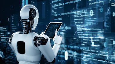 MLP 3d illüstrasyon Futuristik robot yapay zeka insansı yapay zeka programlama kodlama teknolojisi geliştirme ve makine öğrenme kavramı. İnsanlığın geleceği için robot biyonik bilim araştırması