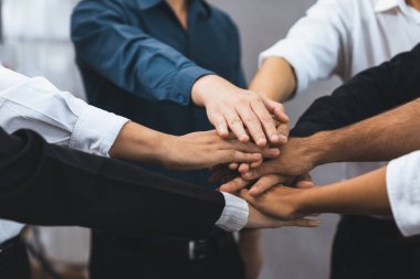 Çeşitli ofis çalışanlarından oluşan bir grup, ofis odasında el ele vererek iş sinerjisini ve iş yerindeki güçlü verimli takım çalışmasını sembolize ediyor. İş çalışanları arasındaki işbirliği ve birlik. Tedbirli