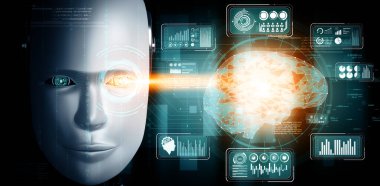 MLP 3D illüstrasyon robotu insansı yüzü, 4. endüstriyel endüstriyel için yapay zeka ve makine öğrenme sürecinin yapay zeka ve yapay zeka tarafından büyük veri analizinin grafiksel konsepti ile kapatılıyor.