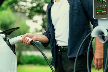 Yolculuk sırasında doğal orman ya da milli parktaki elektrikli araba için şarj olan bir adam. Tatil ve tatil boyunca çevre dostu seyahat. Yükselt