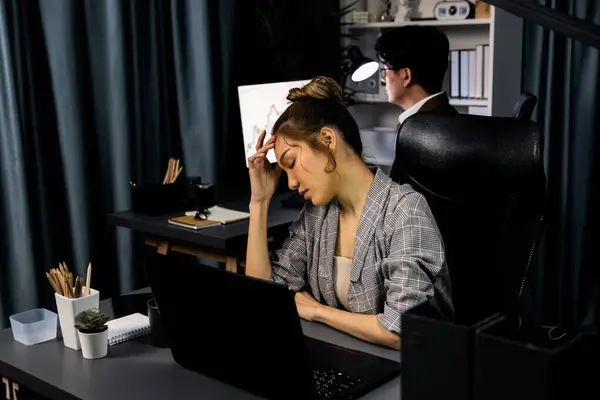 Businesswoman Working Desk Stretching Arm Manner Body Health Ache Strain — Stock Photo, Image