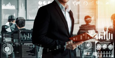 İş Mali Analitik Konsepti için Büyük Veri Teknolojisi. Modern arayüz ekranda iş satış raporları, kâr tablosu ve borsa eğilimleri analizleri hakkında muazzam bilgiler gösteriyor. uds