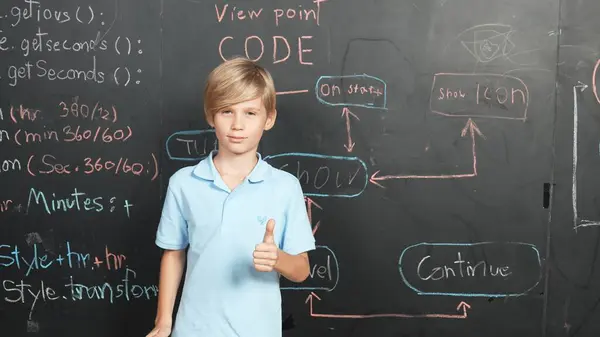 Smart Caucasian Boy Standing Blackboard Engineering Prompt System Code Showing — Stock Photo, Image