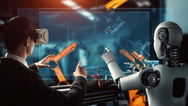Mlp Kibernetizált Ipari Robot Emberi Dolgozó Együtt Dolgozik Jövő Gyárában — Stock videók