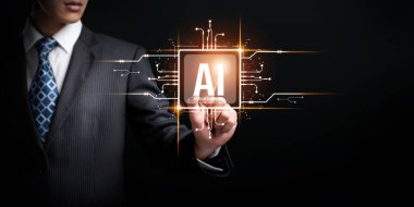 Yapay zeka mühendisliği, büyük veri ve yapay zeka makinesi kavramında yapay zeka beyin işlemcisiyle iş desteği için üretken yapay zeka kullanmayı öğrenen insan etkileşimi. NLP.