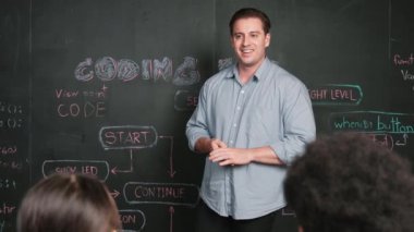 Tahtada çeşitli öğrencilere mühendislik kodları öğreten yakışıklı bir öğretmen. Mutlu çok kültürlü liseli çocuklar dizüstü bilgisayar kullanırken öğreniyor ya da programlama ya da kodlama sistemini öğreniyor. Öğretim