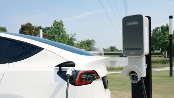충전소에서 자동차 자동차 배터리는 자동차 사용을위한 산업으로 그리드 시설에 연결합니다 — 비디오