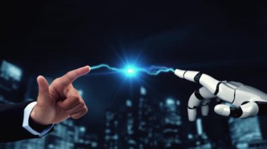 MLP Fütürist Robot Yapay Zeka, yapay zeka, yapay zeka, teknoloji geliştirme ve makine öğrenme kavramlarını aydınlatıyor. İnsan hayatının geleceği için küresel robot biyonik bilim araştırması. 3B görüntüleme grafiği.