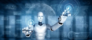 MLP 3d illüstrasyon yapay zeka kullanarak makine öğrenme sürecinde büyük veri analitiği kavramını gösteren sanal sanal sanal ekrana dokunan yapay yapay insansı robot yapay zekası. 3B illüstrasyon.