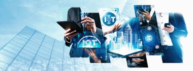 İletişim teknolojisi, akıllı bağlantı IOT ve insan ağ teknolojisi kavramı. Güvenli internet ağına ve bulut hesaplama sunucusuna bağlanmak için bağlantı aygıtı kullanan insanlar vexel