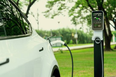 Açık yeşil şehir parkı manzarasındaki EV şarj istasyonundan EV elektrikli araç şarj oluyor. Çevre dostu EV araba yolculuğuyla doğal koruma. Yükselt