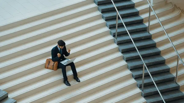 Top View Business Man Celebrate Successful Project While Sitting Stairs — Stock Photo, Image