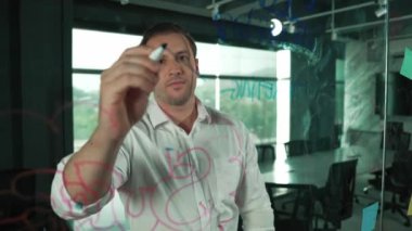 Profesyonel erkek lider yapışkan notlar üzerine pazarlama fikri yazıyor. Kafkasyalı işadamı cam duvarda renkli yapışkan notlar kullanırken pazarlama kampanyasını düşünüyor. - Yakın çekim. Yönlendirici.