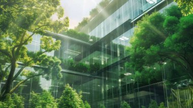Cam ya da ayna yapısı, ağaç gibi zıt yöndeki her şeyi yansıtıyor. Bina bir sürü yeşil ağaçla çevrili. Ayna, güneşten gelen ışığı yansıtıyor. AIG43.