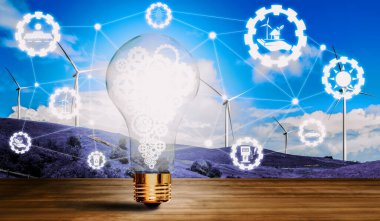 Gelecekteki güç üretimi ikon grafik arayüzü endüstrisine sahip yeşil enerji yenilik ampulü. Alternatif enerji ile sürdürülebilirlik gelişimi kavramı. uds