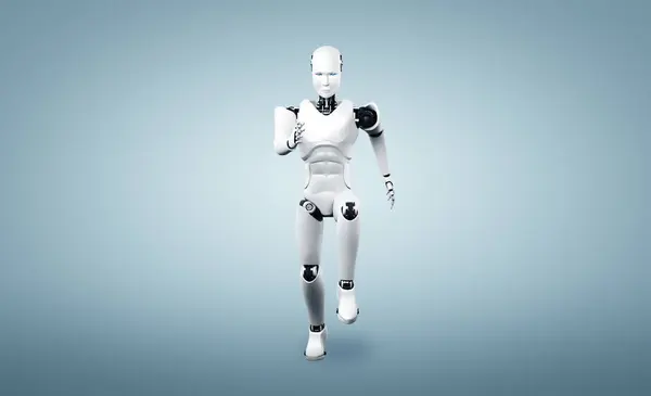 通过机器学习 在人工智能大脑和人工智能思维的未来创新发展理念中 运行机器人人形 表现出快速的运动和生命能量 — 图库照片