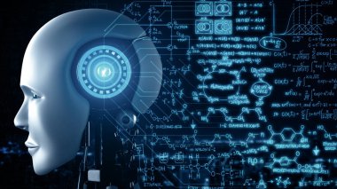 MLP 3D illüstrasyon robot hominoidi, yapay zeka ve 4. Endüstriyel Endüstri için makine öğrenme süreci olan yapay zeka ve yapay zeka tarafından yapılan mühendislik bilimi çalışmasının grafik konseptiyle yakından ilgilenir.