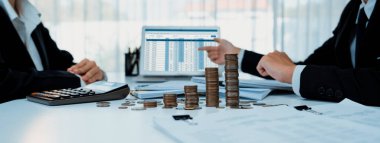 Kurumsal muhasebeci, vergi iadelerini hesaplamak ve maksimuma çıkarmak için dizüstü bilgisayar üzerinde muhasebe yazılımı kullanır ve Panorama 'daki iş yatırım yığını madeni para konseptiyle finansal performansı artırır. Kurnaz.